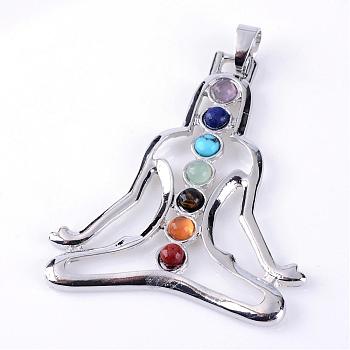 Natural & Synthetic Gemstone Big Pendants, with Alloy Findings, Platinum, Chakra Pendants, Human, Colorful, 52x45x3mm, Hole: 4x6mm