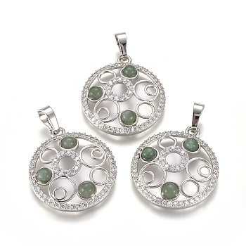 Natural Green Aventurine Pendants, with Platinum Tone Brass Findings and Crystal Rhinestone, Flat Round, 29x25.5x4.5mm, Hole: 4.5x8mm