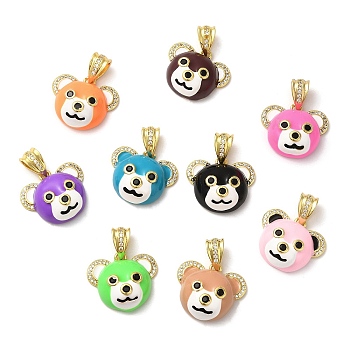 Rack Plating Brass Clear Cubic Zirconia Pendants, with Enamel, Real 18K Gold Plated, Long-Lasting Plated, Bear, Mixed Color, 19.5x22x9mm, Hole: 8x5mm