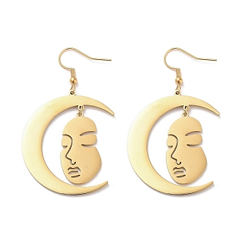 304 Stainless Steel Dangle Earrings, Moon, Golden, 57x34.5mm