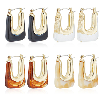 4 Pairs 4 Colors Acrylic Rectangle Hoop Earrings, Golden Alloy Jewelry for Women, Mixed Color, 30x22x8mm, Pin: 0.8mm, 1 Pair/color
