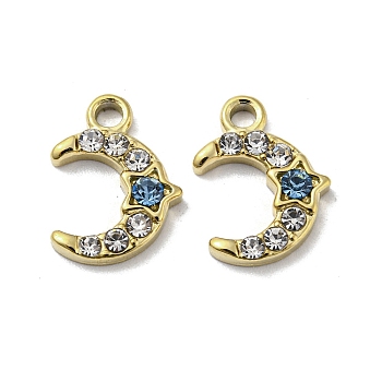 304 Stainless Steel Charms, with Aquamarine Rhinestone, Crescent Moon, Real 14K Gold Plated, 13.5x10x2mm, Hole: 1.8mm