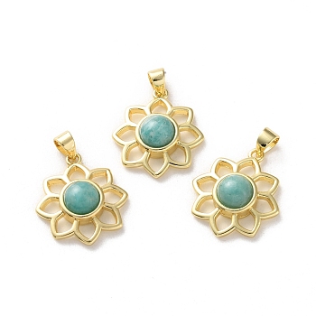 Natural Amazonite Pendants, Rack Plating Golden Tone Brass Charms, Long-Lasting Plated, Lead Free & Cadmium Free, Flower, 18x16x5~5.5mm, Hole: 3.5x3mm