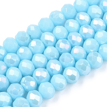 Electroplate Glass Beads Strands, Opaque Solid Color, AB Color Plated, Faceted, Rondelle, Light Sky Blue, 2.3~2.7x2mm, Hole: 0.4mm, about 150~155pcs/strand, 32~33cm