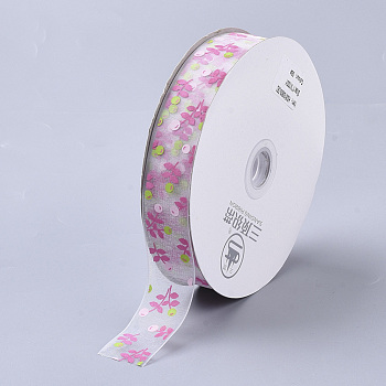Flower Pattern Printed Polyester Organza Ribbons, White, 1 inch(25mm), about 100yards/roll