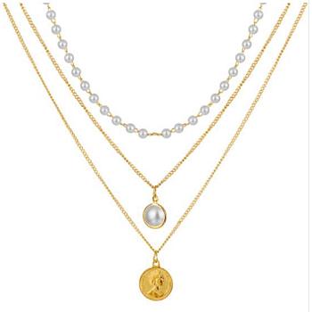 Alloy Pendant Layered Chain Necklaces for Women, Golden, Flat Round, 17.72 inch(45cm)