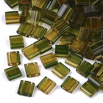2-Hole Glass Seed Beads, Transparent Spray Painted, Two Tone, Rectangle, Dark Olive Green, 5x4.5~5.5x2~2.5mm, Hole: 0.5~0.8mm