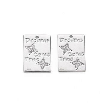 Brass Micro Pave Clear Cubic Zirconia Charms, Nickel Free, Rectangle with Word Dreams Come True, Real Platinum Plated, 13x9x1mm, Hole: 0.8mm