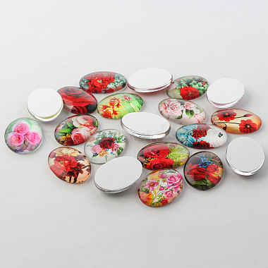 Multi-Color Flower Theme Ornaments Glass Oval Flatback Cabochons(X-GGLA-A003-13x18-NN)-2