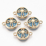 Glass Links connectors, with Light Gold Plated Alloy Findings, Flat Round with Cross, Light Sky Blue, 13.5x19.5x5.5mm, Hole: 1.6mm(GLAA-T015-12D)