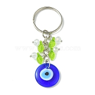 Flat Round with Evil Eye Lampwork Pendant Keychain, with Acrylic Leaf Charm and Iron Split Rings, Blue, 7.4cm(KEYC-JKC00647)