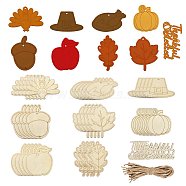 Thanksgiving Day Theme Unfinished Wood Cutouts, Decorative Wooden Pendant Decorations, Turkey/Pumpkin/Acorn, Wheat, Wood: 4.2~7.95x4.5~8.45x0.2cm, Hole: 3~3.5mm, 27pcs(WOOD-CJC0009-03)