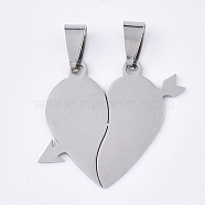 201 Stainless Steel Split Pendants, for Lovers, A Arrow Through Heart, Stainless Steel Color, 27x33x1mm, Hole: 8x4mm(STAS-T048-28A)