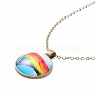 Rainbow Pride Necklace, Flat Round with Pattern  Pendant Necklace for Men Women, Antique Bronze, Flag Pattern, 20.08 inch(51cm)(NJEW-F290-01D)