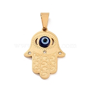 Ion Plating(IP) 304 Stainless Steel Pendants, with Resin and Crystal Rhinestone, Hamsa Hand with Evil Eye, Golden, 30x23x5mm, Hole: 4x8mm(STAS-G269-09G)