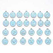 Initial Letter A~Z Alphabet Enamel Charms, Flat Round Disc Double Sided Charms, Platinum Plated Enamelled Sequins Alloy Charms, Light Sky Blue, 14x12x2mm, Hole: 1.5mm, 26pcs/set(ENAM-YW0002-01-02P)