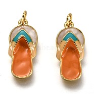 Brass Enamel Pendants, Long-Lasting Plated, Real 18K Gold Plated, with Jump Ring, Slipper, Orange, 18x8x3.7mm, Hole: 2.3mm(KK-B026-25G)