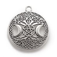 Tibetan Style Hollow Alloy Pendants, Lead Free & Cadmium Free, Flat Round withTriple Moon Goddess, Pagan Jewelry, Antique Silver, 39x34x1.5mm, Hole: 3mm(TIBEP-F075-01AS-RS)
