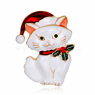 Christmas Cat Enamel Pin, Golden Alloy Brooch for Backpack Clothes, White, 43x30mm(XMAS-PW0001-260A)
