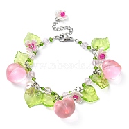 Glass & Resin & Acrylic Flower Charm Bracelet, 304 Stainless Steel Jewelry, Peach, 7-1/4 inch(18.5cm)(BJEW-JB09435-01)