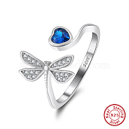 Rhodium Plated Dragonfly & Heart 925 Sterling Silver Micro Pave Cubic Zirconia Open Cuff Rings for Women, Real Platinum Plated, 13.5mm, US Size 7 1/4(17.5mm)(STER-P065-17P)