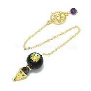 Round Resin Dowsing Pendulum Big Pendants, Natural Obsidian Chip Inisde and Cadmium Free & Lead Free Golden Plated Brass Findings, Cone Charm, 215mm(G-C117-01G-05)