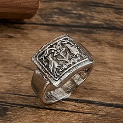 Rectangle with Bird & Flower Pattern Alloy Finger Rings, Antique Silver, US Size 6(16.5mm)(FS-WGF2270-01)
