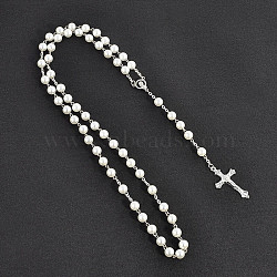 Long Handmade Imitation Pearl Cross Pendant Lariat Necklace Unisex Tassel Sweater Chain Necklaces, White(FZ4072-6)