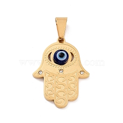 Ion Plating(IP) 304 Stainless Steel Pendants, with Resin and Crystal Rhinestone, Hamsa Hand with Evil Eye, Golden, 30x23x5mm, Hole: 4x8mm(STAS-G269-09G)