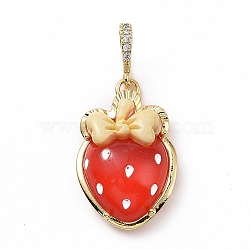 Opaque Resin Pendants, Strawberry Charm, with Brass Micro Pave Clear Cubic Zirconia Findings, Cadmium Free & Lead Free, Real 18K Gold Plated, Red, 27.5x19.5x10mm, Hole: 4.5x7mm(KK-G406-51G-01)