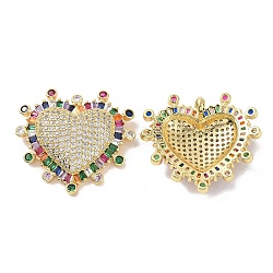 Brass Micro Pave Colorful Cubic Zirconia Pendants, Sacred Heart Charm, Real 18K Gold Plated, 33x35.5x9mm, Hole: 2x4mm(ZIRC-I063-17G)