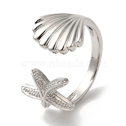 Starfish & Shell Shape Rack Plating Brass Open Cuff Finger Rings for Women, Long-Lasting Plated, Lead Free & Cadmium Free, Platinum, Inner Diameter: 15.5mm(RJEW-L123-010P)