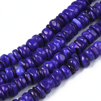 Natural Trochid Shell/Trochus Shell Beads Strands, Dyed, Flat Round, Medium Blue, 5~10x1~7mm, Hole: 1mm, about 94pcs/strand, 14.96''(38cm)