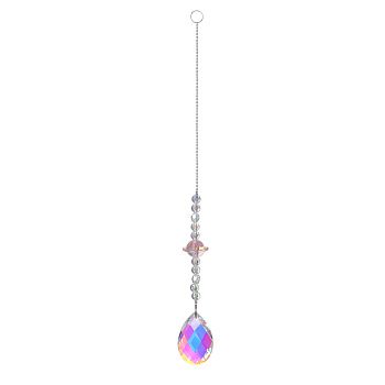 Quartz Chandelier Hanging Suncatcher, Teardrop, for Car Window, Platinum, Pink, 310mm