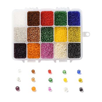 375G 15 Colors Glass Seed Beads, Transparent Colours, Round, Mixed Color, 12/0, 1.5~2.5x1.5~2mm, Hole: 0.5~1mm, 25g/color