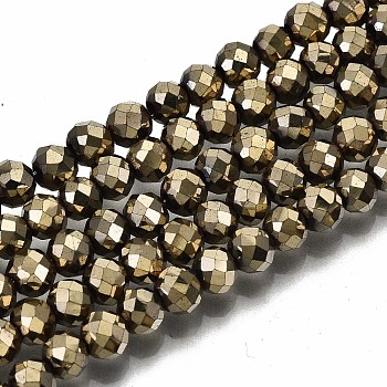 Electroplate Non-magnetic Synthetic Hematite Beads Strands, Round, Faceted, Pale Goldenrod, 4mm, Hole: 1mm, about 108pcs/strand, 15.67 inch~15.91 inch(39.8cm~40.4cm)
