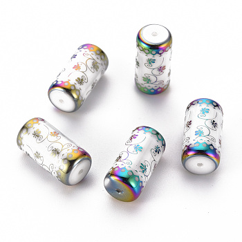 Electroplate Glass Beads, Column with Flower Pattern, Colorful, 20x10mm, Hole: 1.2mm, 50pcs/bag