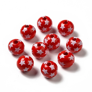 Independence Day Theme Printed Natural Wooden Beads, Round with Star Pattern, Red, 16x14.5mm, Hole: 3.5mm