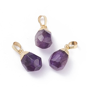 Natural Amethyst Pendants, with Brass Bails, Faceted, Teardrop, Golden, 19~21x12~14x11~15mm, Hole: 5x3mm