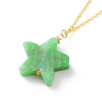 Natural Agate Star Pendant Necklaces, with Brass Cable Chains, Golden, Green, 18-3/8 inch(46.6cm)