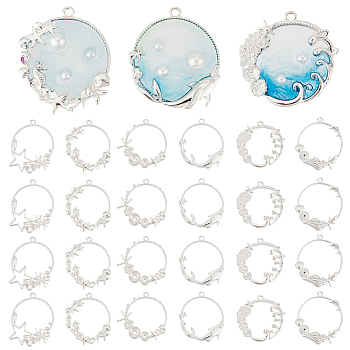 Alloy Open Back Bezel Pendants, For DIY UV Resin, Epoxy Resin, Pressed Flower Jewelry, Ocean Style, Ring, Silver, 106x105x18mm, 24pcs/set