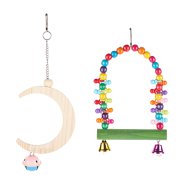 AHANDMAKER Pinewood Parrot Hanging Swing, with Acrylic Bell, Iron Bell, Curb Chain & Clasps, Mixed Shapes, Mixed Color, 3pcs/set
