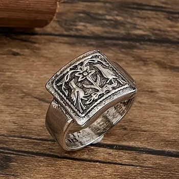 Rectangle with Bird & Flower Pattern Alloy Finger Rings, Antique Silver, US Size 6(16.5mm)