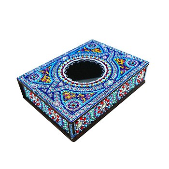 DIY Diamond Painting Storage Box with Mirror, Detachable Mandala Flower Pattern Decorative Wooden Box, Rectangle, Blue, 200x150x45mm