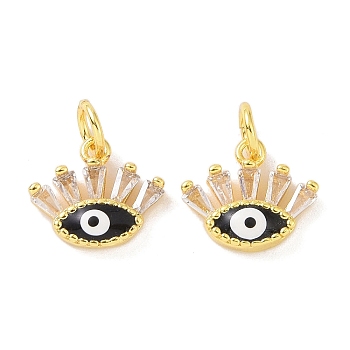 Real 18K Gold Plated Brass Micro Pave Cubic Zirconia Pendants, with Enamel and Jump Ring, Evil Eye Charms, Black, 10x12x3mm, Hole: 3.5mm