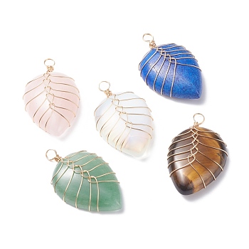Natural & Synthetic Gemstone Pendants, with Light Gold Tone Copper Wire Wrapped, Water Drop, 42~44x25x9~10mm, Hole: 4mm