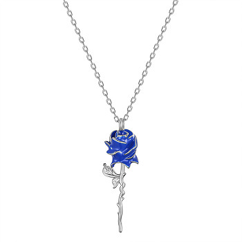 SHEGRACE Rose Rhodium Plated 925 Sterling Silver Pendant Necklaces, with Epoxy Resin and Cable Chains, Platinum, Blue, 17.32inch(44cm)