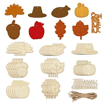 Thanksgiving Day Theme Unfinished Wood Cutouts, Decorative Wooden Pendant Decorations, Turkey/Pumpkin/Acorn, Wheat, Wood: 4.2~7.95x4.5~8.45x0.2cm, Hole: 3~3.5mm, 27pcs