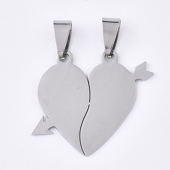 201 Stainless Steel Split Pendants, for Lovers, A Arrow Through Heart, Stainless Steel Color, 27x33x1mm, Hole: 8x4mm