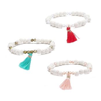 3Pcs 3 Color Natural Lava Rock & Cubic Zirconia Beaded Stretch Bracelets Set with and Tassel Charm, Oil Diffuser Power Stone Jewelry for Women, Mixed Color, Inner Diameter: 2-3/8 inch(6cm)